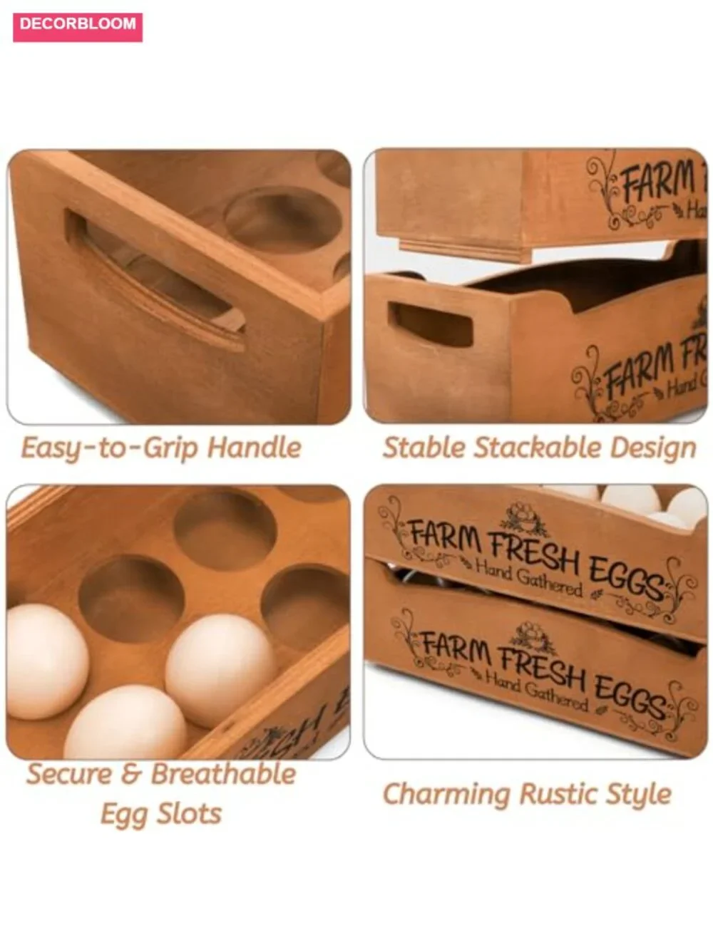 Wooden Egg Holder for Countertop, Stackable 2-Tier Egg Crates for 24 Eggs with